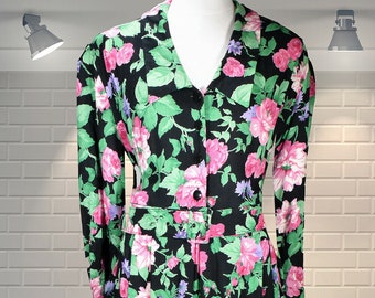 Original Vintage 1980s Bold Floral Edwardian Style Day Dress With Fab Front Pockets - UK 14