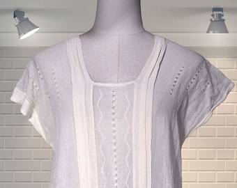 Vintage Edwardian Cheesecloth Muslin Gauze Embroidered Blouse - UK 10