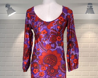 PHENOMENAL Original Vintage 1970s Psychedelic Floral Swirly Hostess Maxi Party Dress UK 8