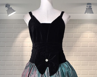 AMAZING Vintage 1980s Velvet Fitted Bodice & Two Tone Skirt New Wave Disco Party Dress - XS