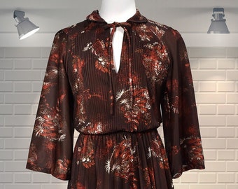 Vintage Autumnal Print Pleated Secretary Dress - UK 10