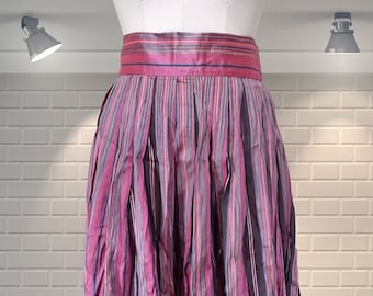 Beautiful Bespoke Vintage 1980s Pink Grey Stripe Raw Silk Midi Skirt - UK 8