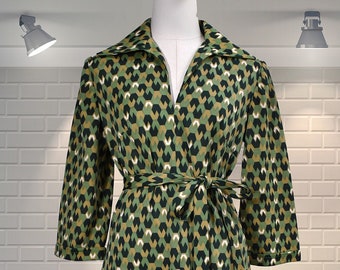 Fabulous Vintage Geometric Pattern Spread Collar Belted Shift Dress - UK 12