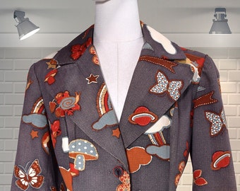 INCREDIBLE 1970s Vintage Spread Collar Mushroom Planet Rainbow Cloud & Abstract Floral Psychedelic Jacket - MEDIUM - UK 12