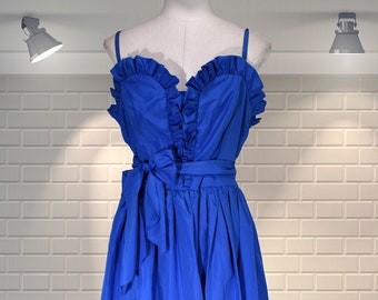 Beautiful Cobalt Blue Vintage 1980s Acetate Full Length Disco Party Dress - RADLEY - UK 10