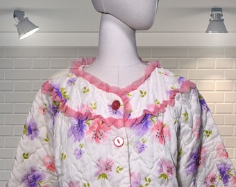 Pretty Quilted Vintage Floral Nylon Peignoir Bed Jacket - Radiance - UK 14