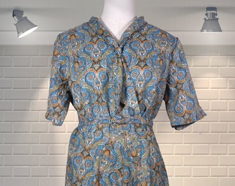 DIVINE Original Vintage Mid Century Scarf Paisley Print Tricel 1950s  Summer Shift Dress - UK 12