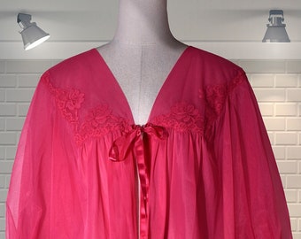 Hot Pink Vintage Lace & Frilly Nylon Bed Jacket Peignoir - Vanity Fair - Size L