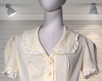 Original Vintage Cream & Lace Trim Peplum Blouse - UK 8