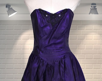 Vintage 1980s Strapless Shiny Purple Party Cocktail Dress - SINAC - UK 8