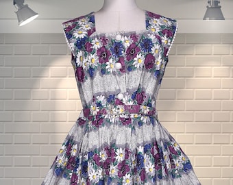 Wunderschönes MCM Floral Vintage 1950er Jahre Crisp Baumwolle Gürtel Voller Rock Shirt Taille Kleid - UK 8
