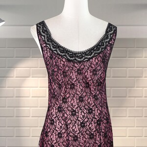 Vintage 1960s Hot Pink Nylon & Black Lace Nightie Nightdress Nightgown - UK 14