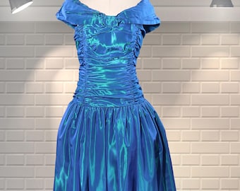 Vintage 80s Laura Ashley Blue Acetate Ballgown Dress
