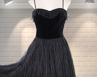 DIVINE Vintage 1980s Velvet Bodice Floaty Full Skirted Netting & Metallic Chiffon Layered Party Dress - Disco Goth Princess Cocktail XS