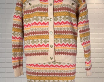 Vintage 1990s Fair Isle Knit Cardigan & Matching Mini Skirt Suit INFLUENCE by KUMAR - MEDIUM