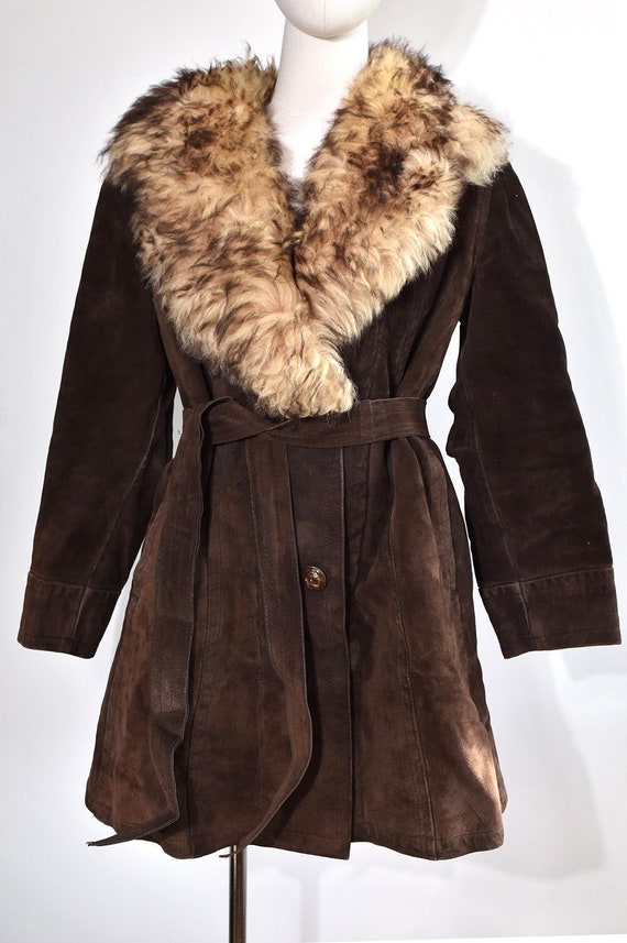 Fabulous Vintage Belted Big Suede and Faux Fur Co… - image 1