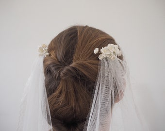 Flower drape veil, ivory English tulle, lower back veil with floral lace edging