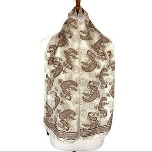 Vintage Silk Scarf Brown Tan Paisley Print Elegant Boho Accessory