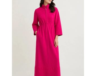 Vassarette Vintage Hot Pink Quilted Zip Front Maxi Robe Housecoat Retro Large