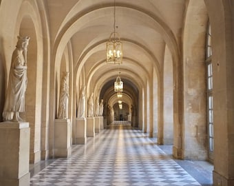May include: A long hallway with a high vaulted ceiling and a chequered black and white floor. The hallway is lined with statues and has a series of arched doorways leading to other rooms.