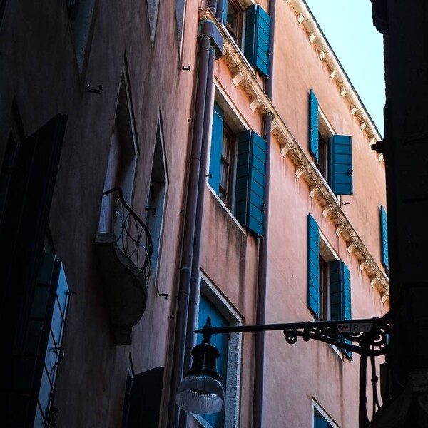 Alleyway Shadows | Venice, Italy ~ Red, Teal, Shutters, shadows, Venice side streets, Italian, European Architecture, windows, blue sky