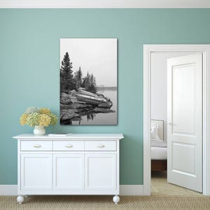 Boats on the Shore | Larus Lake, Ontario, Canada~ Lake, Fishing, Boats, Black and White, Nature, Calm, Canada Wilderness, Canvas, Photograph