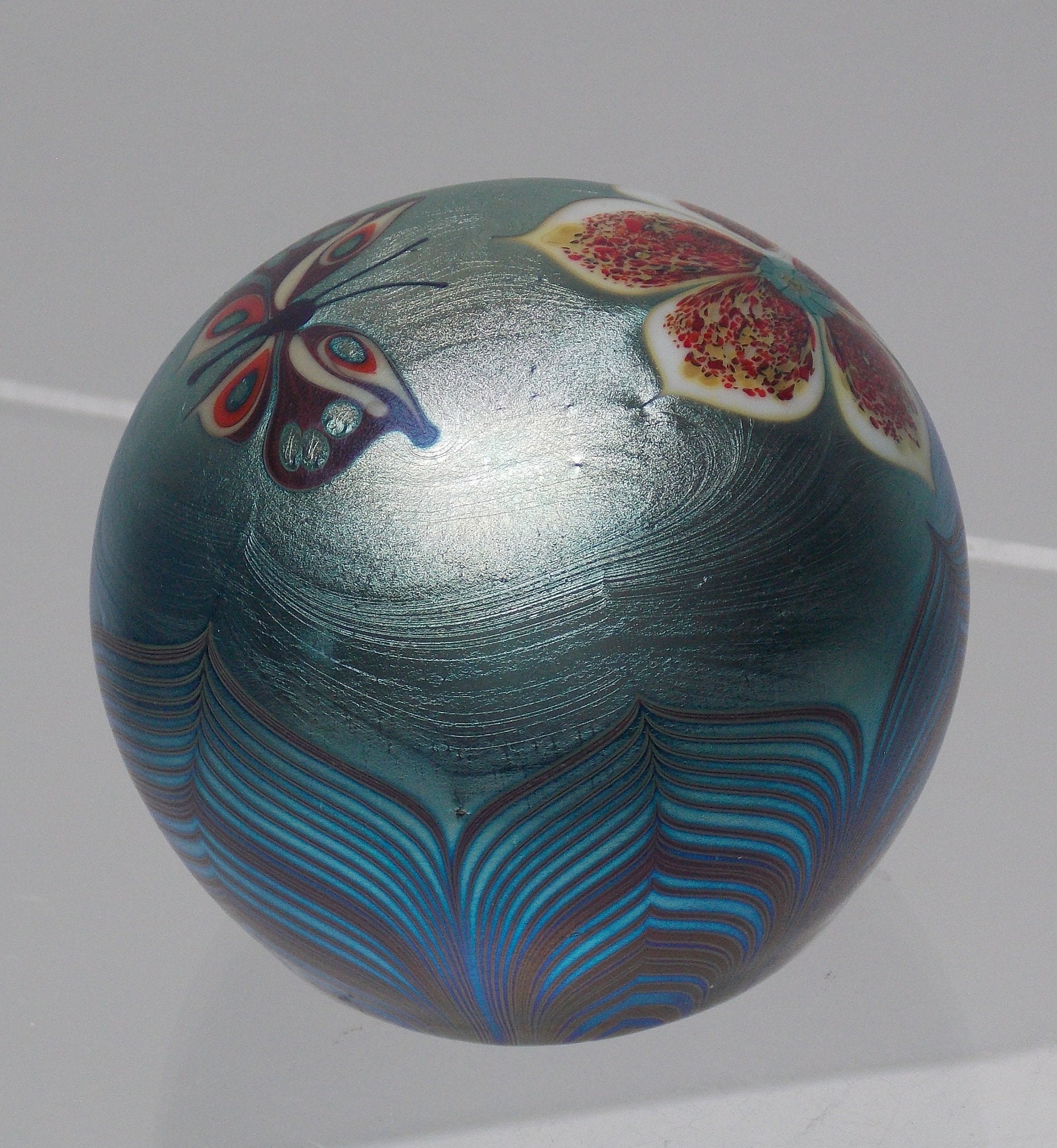 Orient & Flume Art Glass ガラス ペーパーウェイト Vintage Orient & Flume Art Glass Blue Iridescent Pulled
