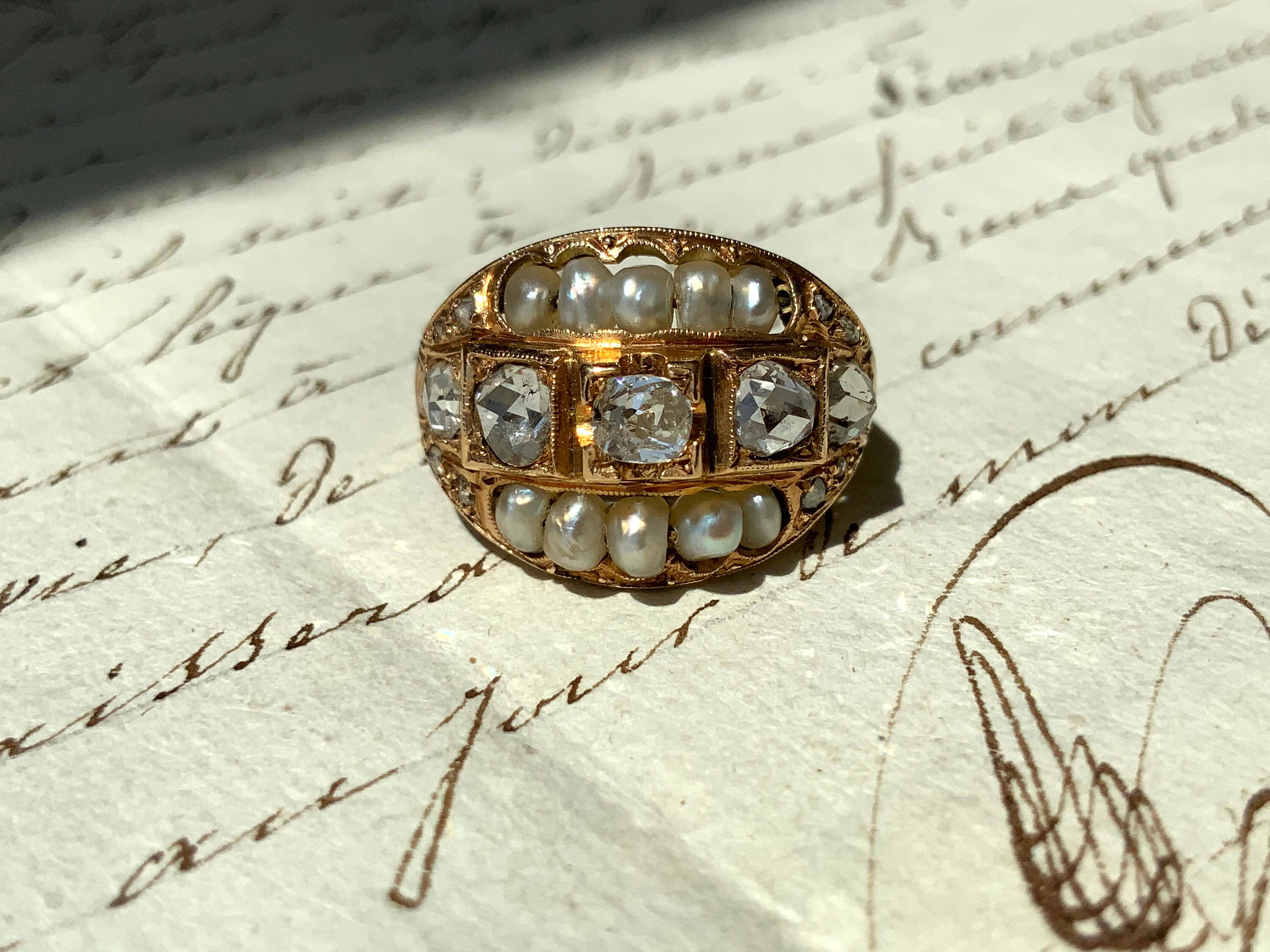 18K SPANISH DIAMOND and PEARL Rose Gold Ring Size 5.25 Etsy