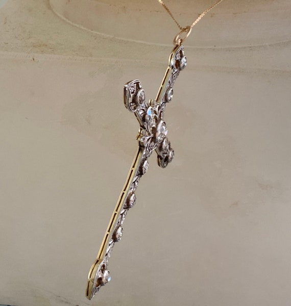 PLATINUM DIAMOND CROSS Necklace, Edwardian, 3” - image 5