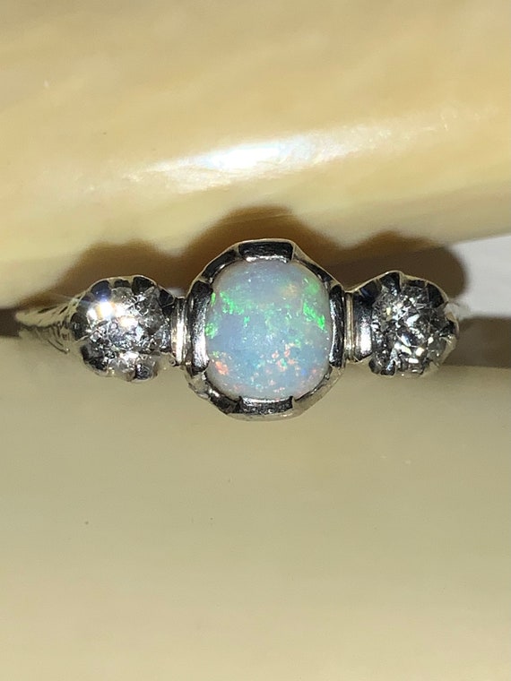 Antique 18K OPAL DIAMOND RING, Size 5 1/4 - image 2