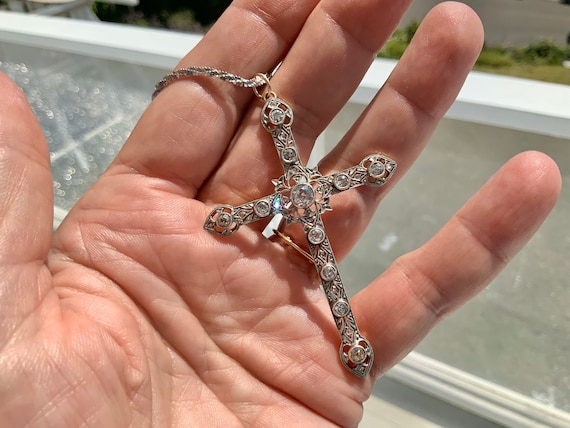 PLATINUM DIAMOND CROSS Necklace, Edwardian, 3” - image 1