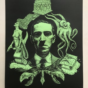 H.P. que brilla en la oscuridad. Póster serigrafiado LOVECRAFT de 16x20" de Ross Sewage