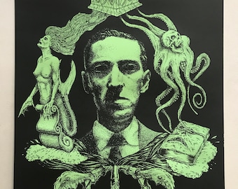 glow-in-the-dark H.P. LOVECRAFT screen printed 16x20&quot; poster by Ross Sewage