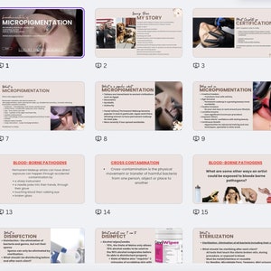 Op de afbeelding: Een reeks dia's over micropigmentatie, een cosmetische tatoeagetechniek. De dia's behandelen onderwerpen als bloedoverdraagbare pathogenen, kruisbesmetting, desinfectie en sterilisatie. De dia's bevatten ook afbeeldingen van een vrouw die een micropigmentatiebehandeling krijgt, een hand met handschoenen die een naald vasthoudt en een fles desinfecterend middel.