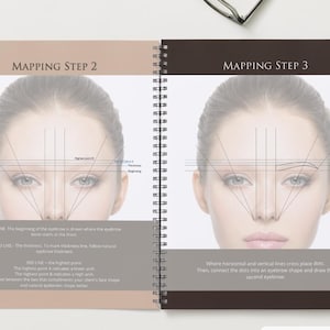 May include: A notebook open at two pages, illustrating eyebrow mapping. The left page, labelled "MAPPING STEP 2", shows a face diagram with lines. The right page, labelled "MAPPING STEP 3", also features a face diagram with lines, for eyebrow shaping.
