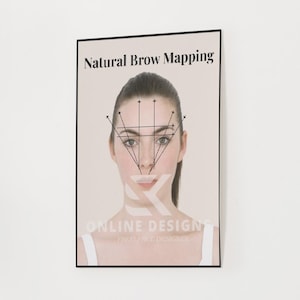 May include: A framed poster with the text "Natural Brow Mapping" above a woman's face. The poster shows a diagram of lines and arrows on the face, illustrating brow mapping techniques. The bottom of the poster has the text "ONLINE DESIGN" and "FREELANCE DESIGNER".