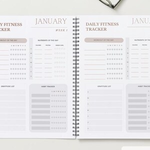 May include: A daily fitness tracker planner with sections for workout of the day, nutrients of the day, gratitude list, and habit tracker. The planner is for the month of January and includes a weekly calendar.
