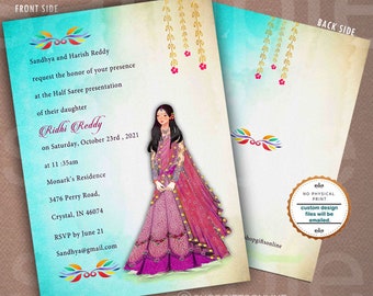 Mehndi invitation, Henna invite, Half Saree Invitation,  India Bridal shower, Sangeet, hindu ceremony invite 5x7-custom Digital file