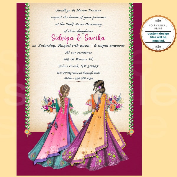 Halb Saree Einladung Schwestern, zwei Mädchen einladung, werden meine Brautjungfern, asiatisch, indianisch, halb Saree Zeremonie, Einladung 5x7-custom Digital File