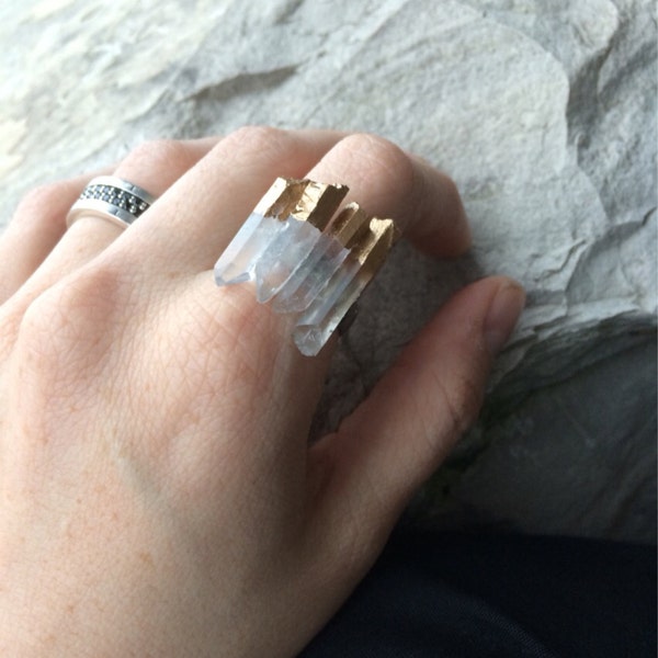 Raw quartz ring - gold leaf dipped - minimalist jewelry