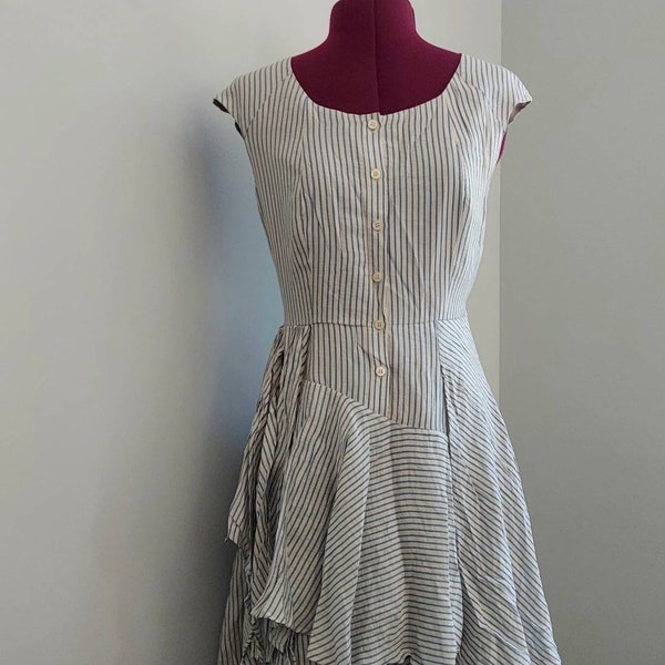 Calvin Klein Pinafore Dress Size 4 | Cornflower Blue Stripes On Greige | Button Bodice, Tiered Ruffles, Sash Tie | Modest Tea Party Frock