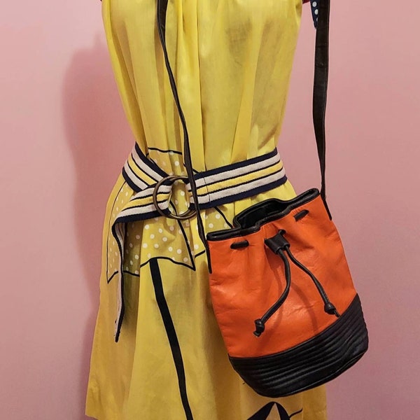 Leather Drawstring Bag, Compact Color Pop | 1980s Designer Adrienne Vittadini | Neon Orange, Black Ribbed Leather | 50" Handle, Roomy