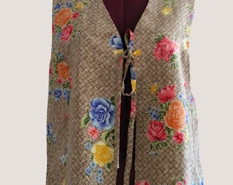 Straw Flower Vest | 1970s Diane Von Furstenberg Silk | Japandi Mixed Print Botanical | Tie Front Size M-L, Chest 38 | Unisex Garden Party