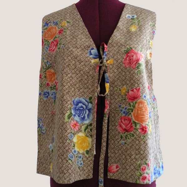 Straw Flower Vest | 1970s Diane Von Furstenberg Silk | Lattice Designs, Mixed Print Botanical | Size M-L, Chest 38, Front Tie Closure