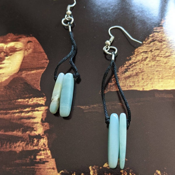 Larimar Stone Earrings, Pierced Sticks 3 Inch | Sky Blue Gemstone, Dominican Republic | Column Earrings, Knotted Black Cord | Gift Box