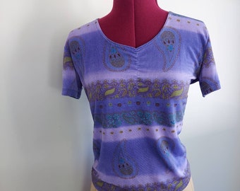 Paisley V-Neck Top: Purple Ombre Ruched Bodice, Made in USA