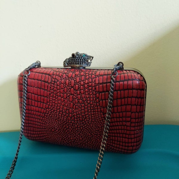 Harlow Marley Bag, Chain Handle | Jaguar Clasp, Art Deco Inspired Jaguar Clasp | Dark Cinnabar Red, Faux Reptile | Boxy, Hinged 5.75 x 3.75