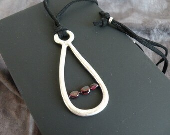 Freeform Garnet Necklace, Brushed Silver Teardrop | 3 Polished Garnets, Black Suede Cord 32 Inches | Pendant: 2.5 Inches | Gift Boxed