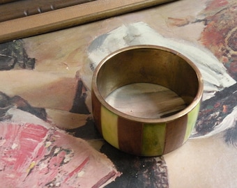 Wood Inlay Bangle | VINTAGE 1970s Brass, Teak | Lime Green Stripes | Ethnic Statement Cuff