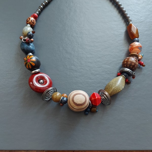 Bohemian Bead Necklace, Funky Mixed-Up Beads | Fused Swirl Glass, Tonal Wood, Pottery | Folk Art Style | 22 Inch Adjusts, Gift Box